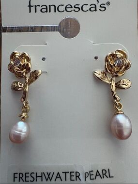 Francesca's Collections Gold Rose and Pink Pearl Drop Earrings
